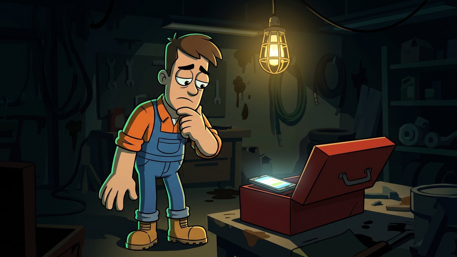 A stylised 3D animated character: A tired tradesperson in work overalls pauses under a flickering garage worklight, staring down at an illuminated smartphone resting on a metal toolbox.