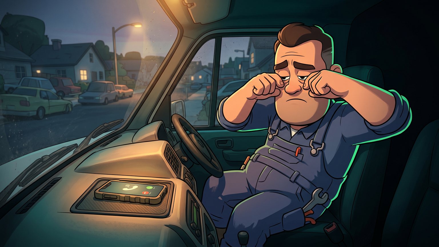 A stylised 3D animated character: an exhausted HVAC contractor in work overalls sits in the cab of his service van at dusk, rubbing his eyes while his smartphone illuminates on the dashboard with a missed call alert.