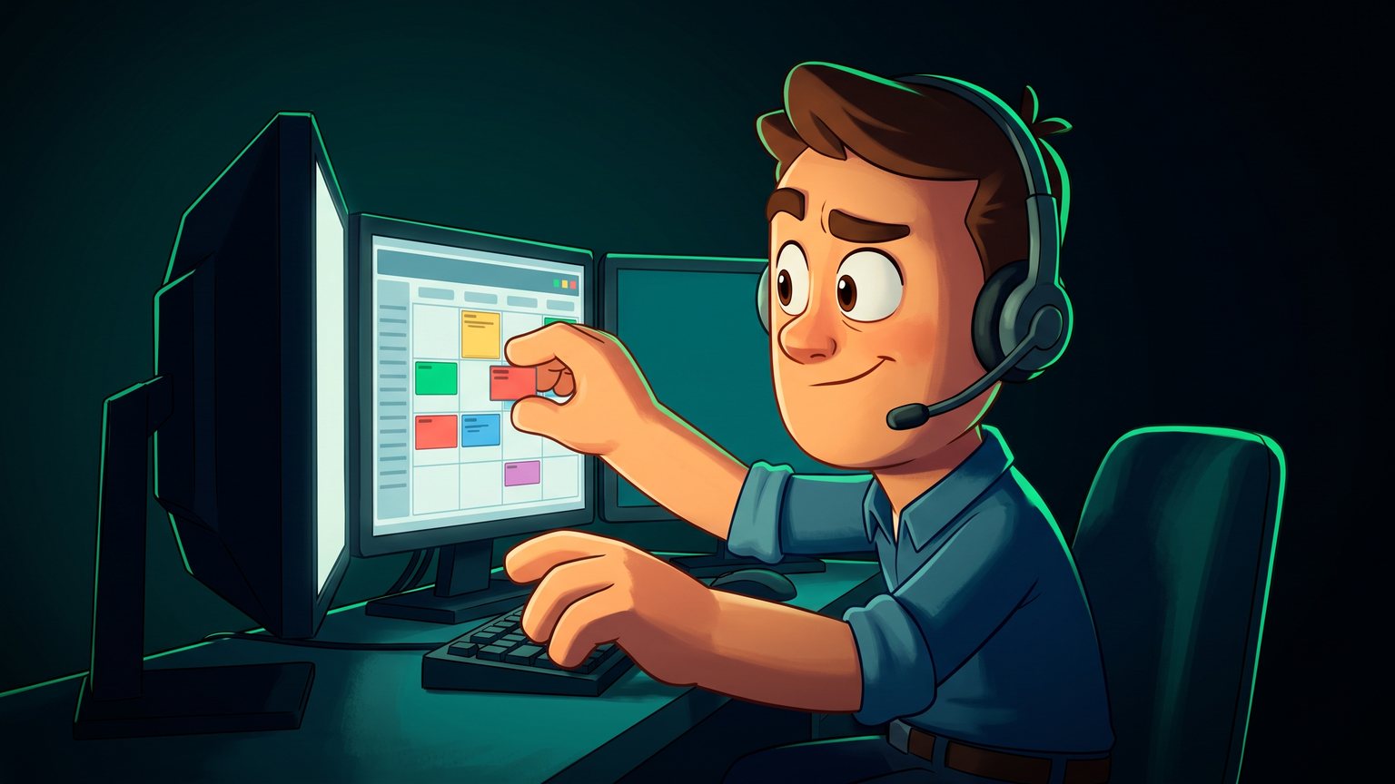 A stylised 3D animated character: a plumbing dispatcher in a headset sits at a dual-monitor workstation at night, carefully adjusting color-coded calendar blocks on an electronic dispatch board.