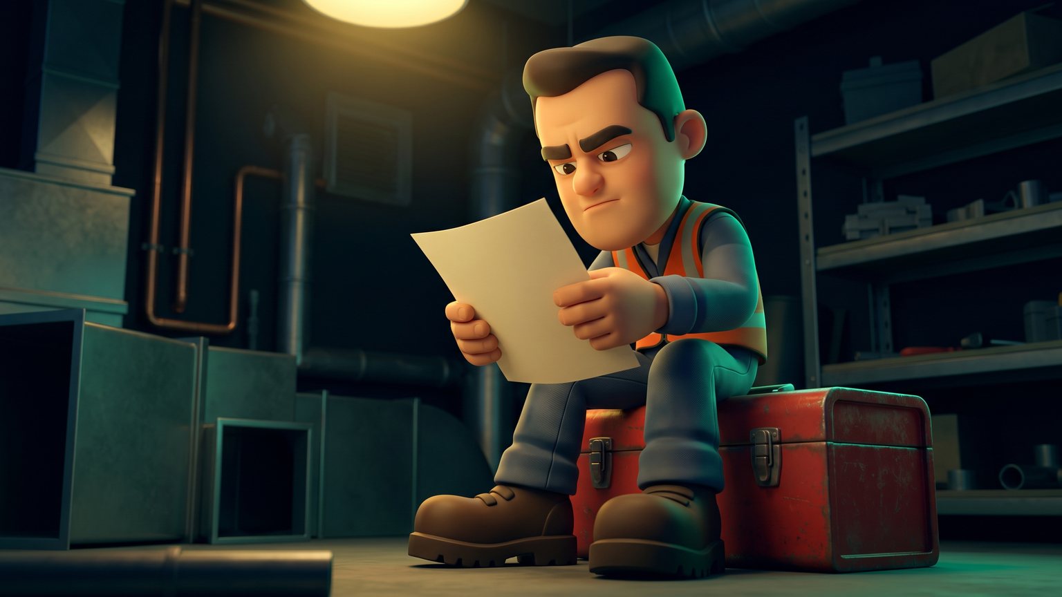 A stylised 3D animated character: an HVAC contractor in work boots sitting on a toolbox, studying a dense paper invoice under workshop lighting.