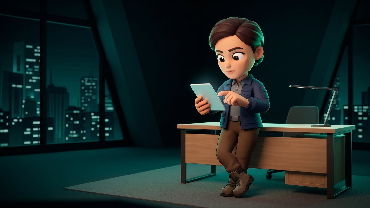 A stylised 3D animated character: an operational manager in a trade uniform checking a tablet beside an empty office desk.