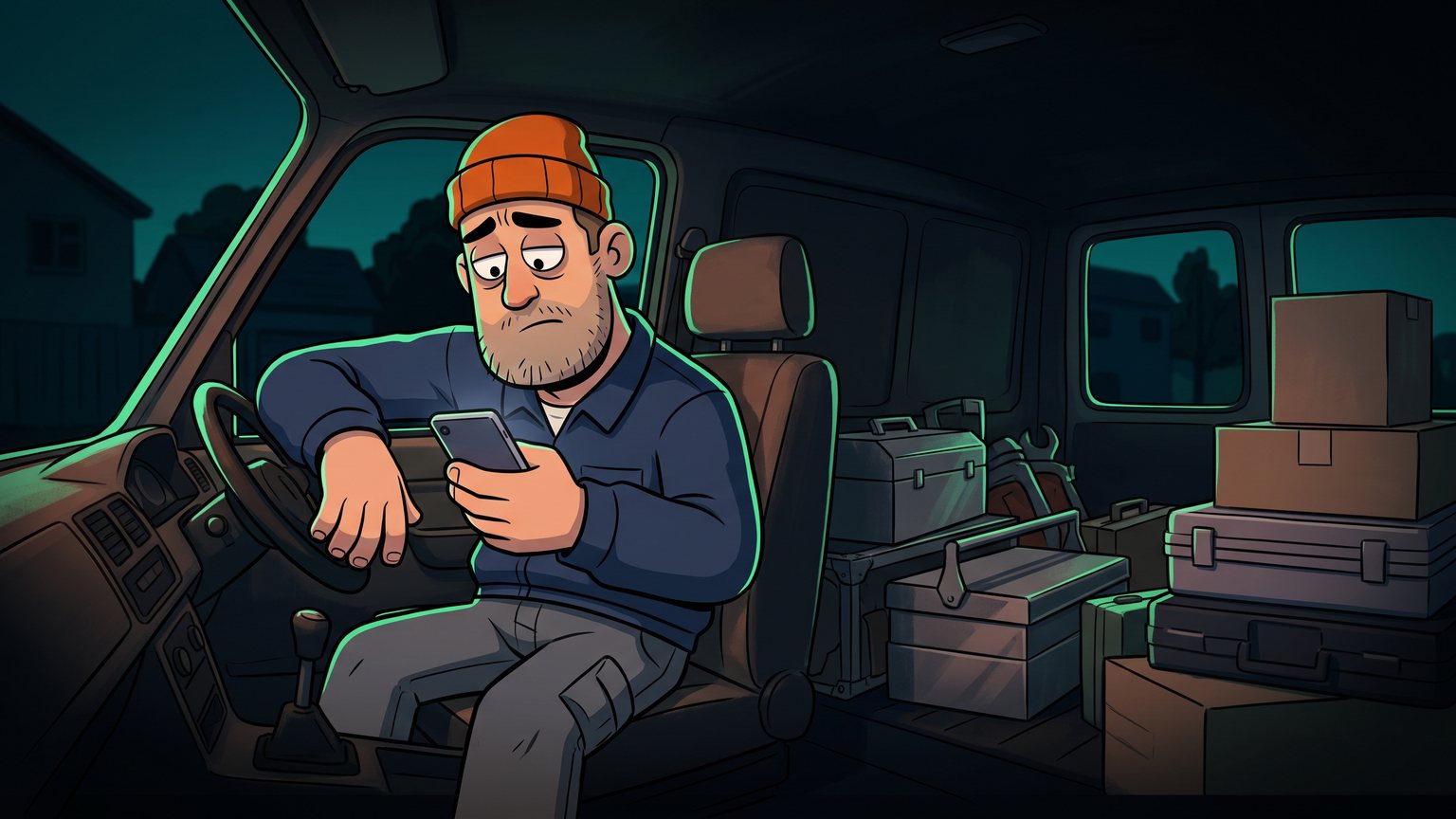 A stylised 3D animated character: A tired tradesperson in work clothes sitting in the cab of a service van at twilight checking a phone with toolboxes visible in the back