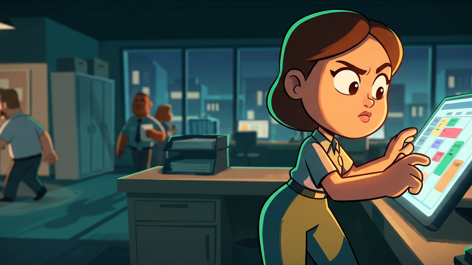 A stylised 3D animated character: An office manager standing at a dispatch desk reviewing a digital scheduling schedule with a concentrated expression