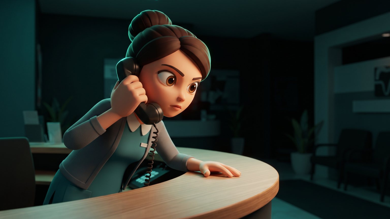 A stylised 3D animated character: a dental practice receptionist leaning over a desk while looking intently at a telephone receiver in hand.