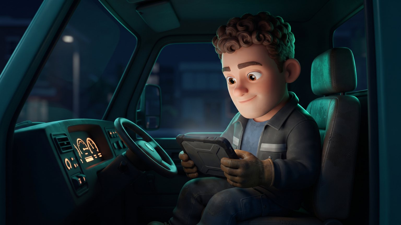 A stylised 3D animated character: a home service trade contractor sitting in a truck cab while reviewing a tablet device.