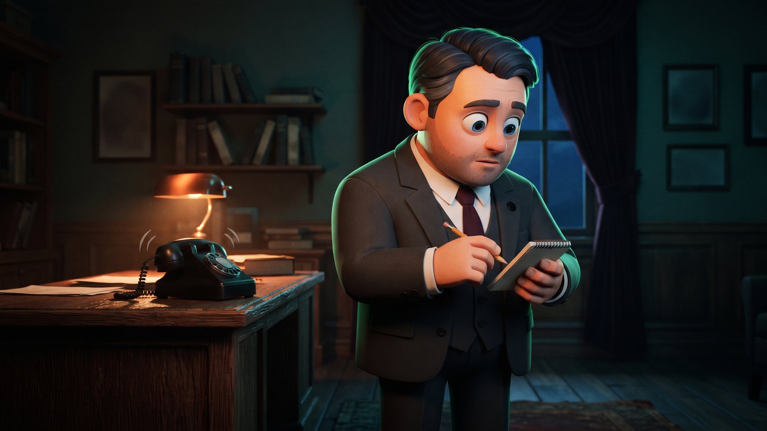 A stylised 3D animated character: a funeral director standing in a dimly lit office, turning away from a ringing desk phone while checking a notepad.