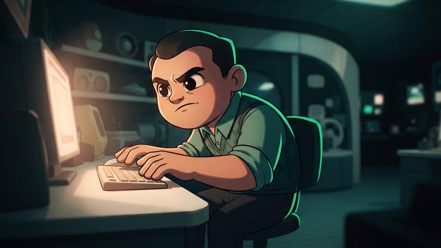 A stylised 3D animated character: an intake specialist sitting at a computer terminal in a quiet room, focused on typing call details into a database.
