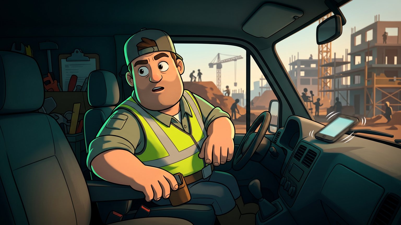 A stylised 3D animated character: A contractor sitting in a service van turning away from a vibrating phone on the dashboard to look at a job site.