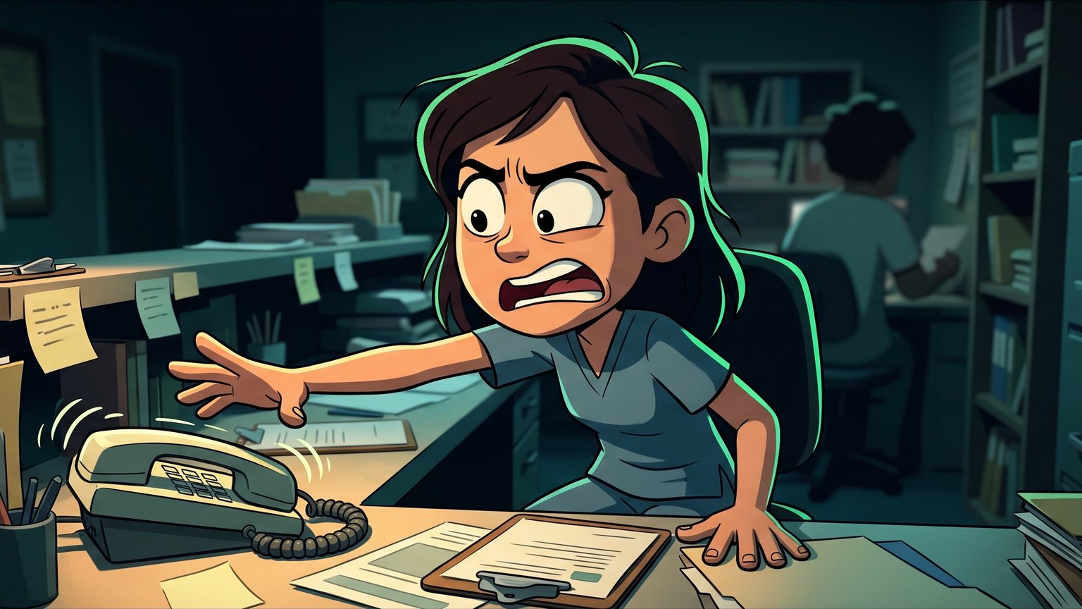 A stylised 3D animated character: A medical practice front-desk coordinator at an office desk reaching for a ringing desk phone while looking stressed.