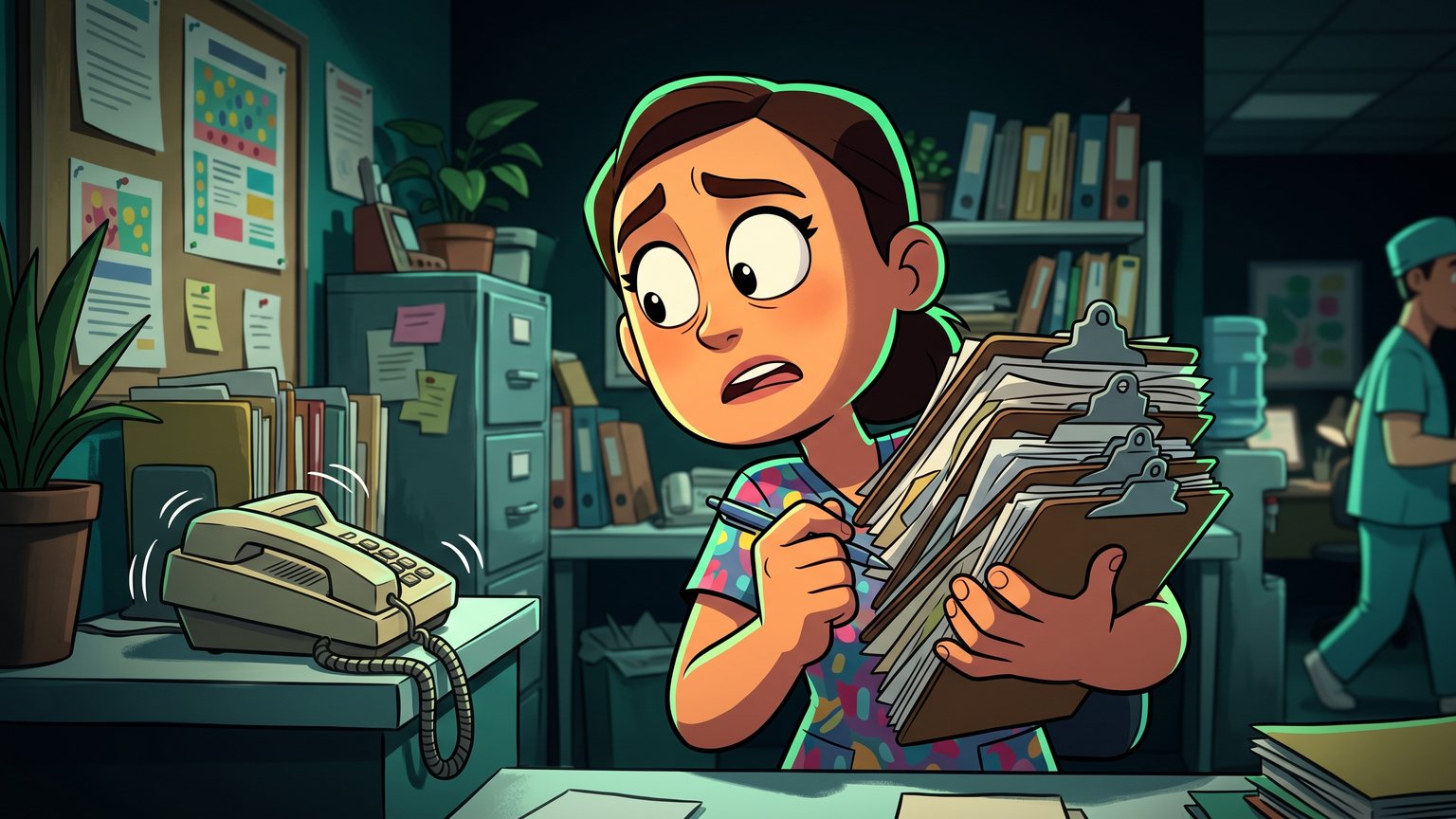 A stylised 3D animated character: a medical receptionist staring at a ringing desk phone while holding a thick stack of paper clipboards in one hand.