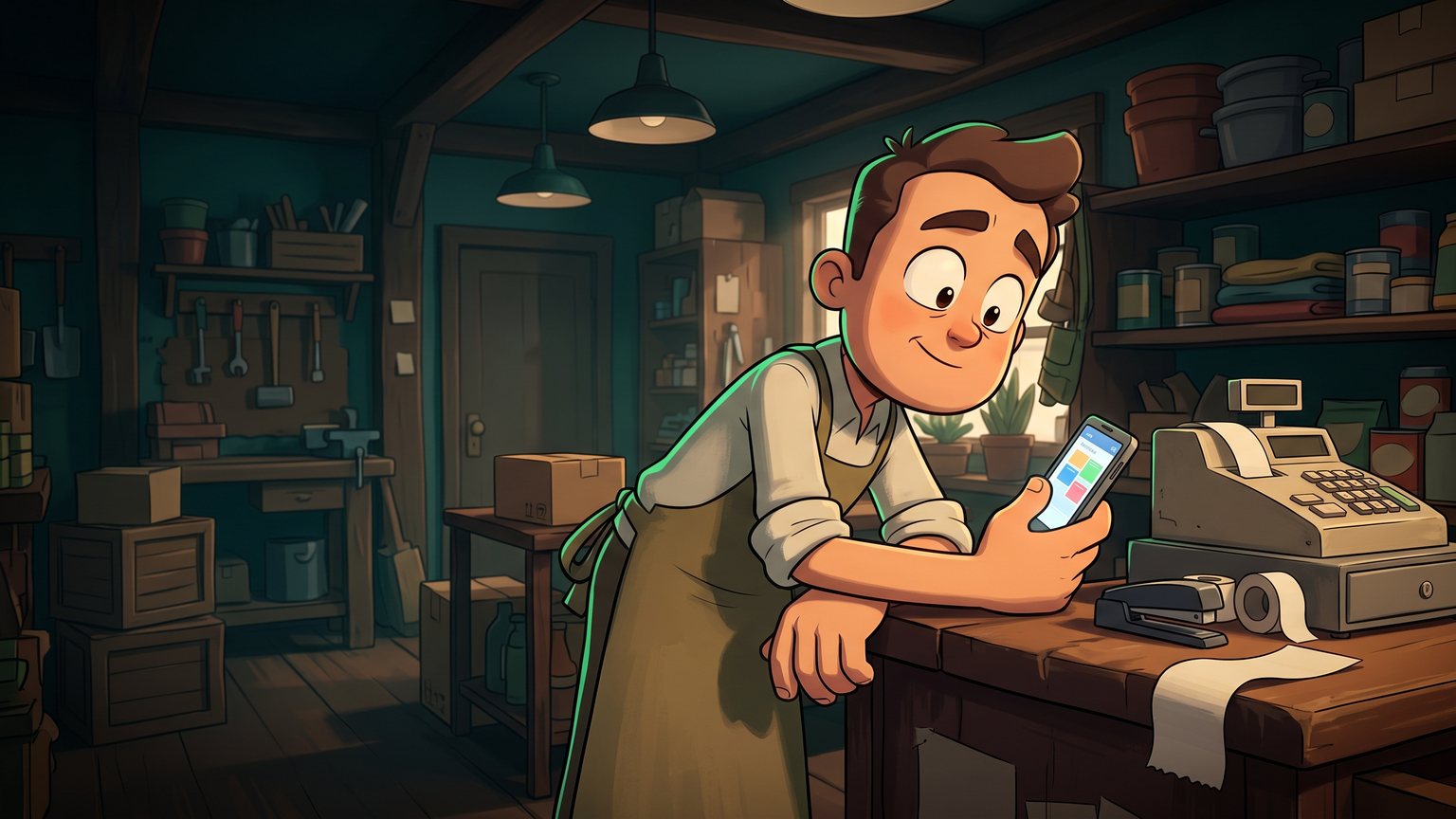 A stylised 3D animated character: a small business owner leaning against a front counter, checking a mobile phone screen showing a newly confirmed appointment time.