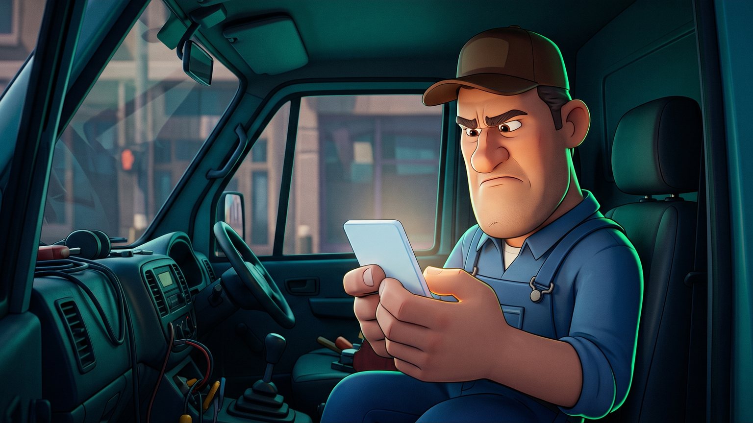 A stylised 3D animated character: an HVAC contractor in work overalls sitting in the cab of a service van, looking down with frustration at an unplayed voicemail notification on a smartphone.
