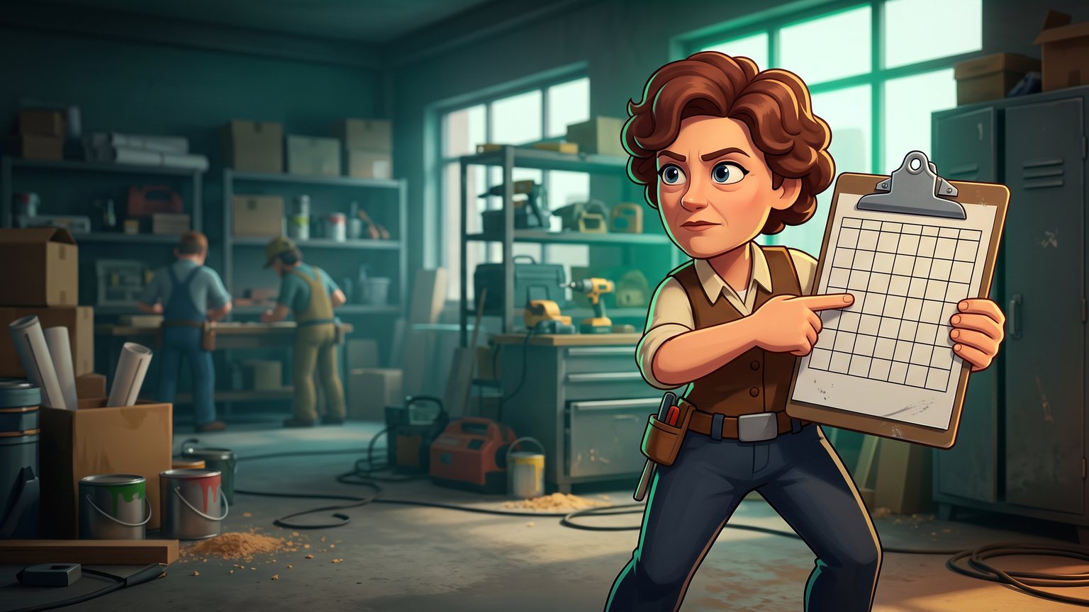 A stylised 3D animated character: an office manager in a contractor headquarters pointing firmly at a paper dispatch schedule on a metal clipboard with missing time slots.