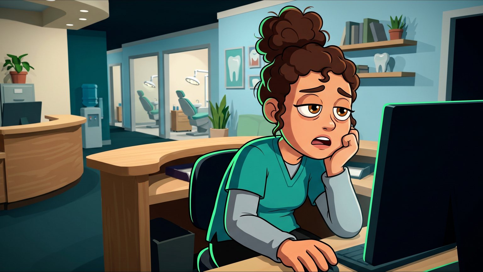 A stylised 3D animated character: a dental front-desk coordinator staring at an empty appointment calendar on an office monitor with an exhausted expression.