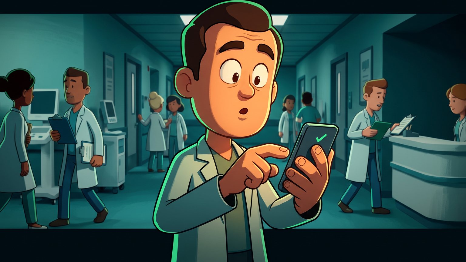 A stylised 3D animated character: a medical practice owner tapping the screen of a smartphone to check interactive confirmation alerts in a busy hallway.