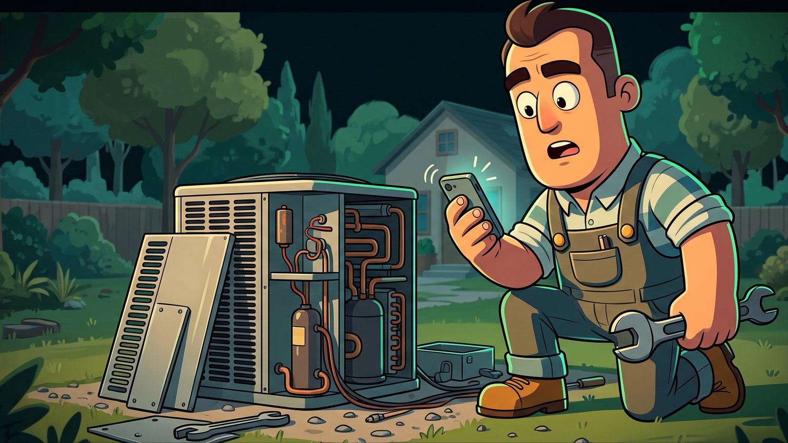 A stylised 3D animated character: an HVAC technician kneeling by a disassembled outdoor condenser unit, checking his buzzing smartphone while holding a wrench.