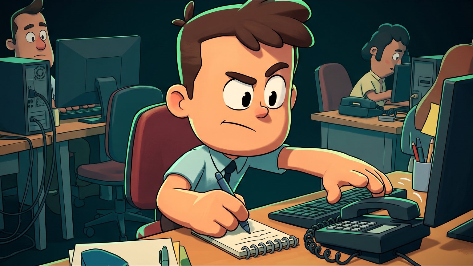A stylised 3D animated character: an office dispatcher seated at a call desk, reaching quickly for an inbound telephone handset while tracking customer notes.