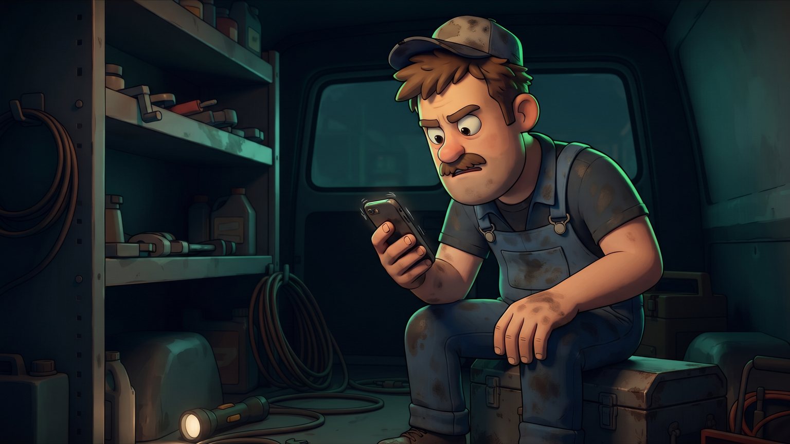 A stylised 3D animated character: a male plumber in a soiled work uniform staring down at a vibrating smartphone in his grease-stained hand inside a dimly lit service van.