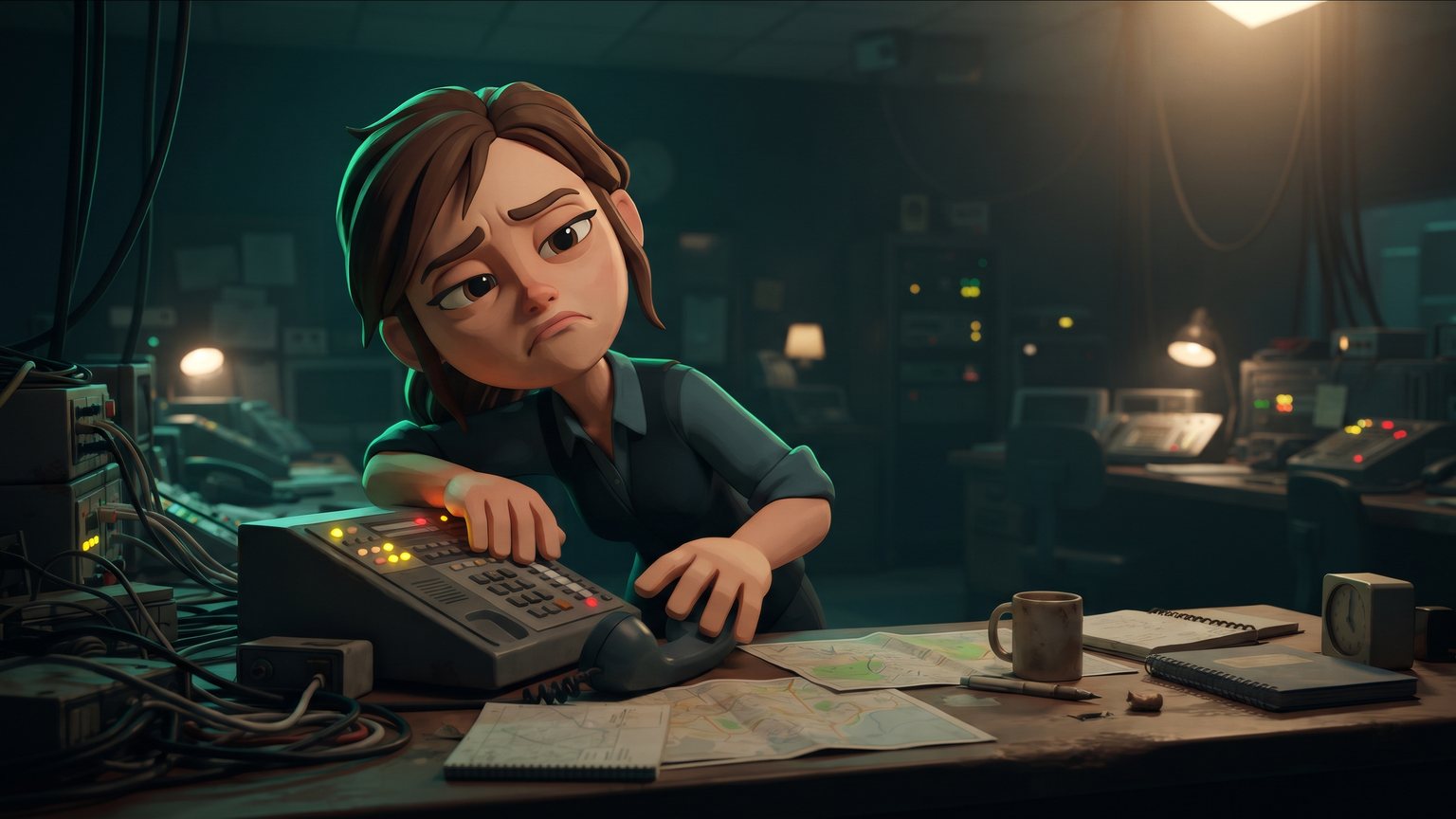 A stylised 3D animated character: an exhausted female dispatcher leaning over a cluttered desk with a blinking multi-line office phone console in front of her.