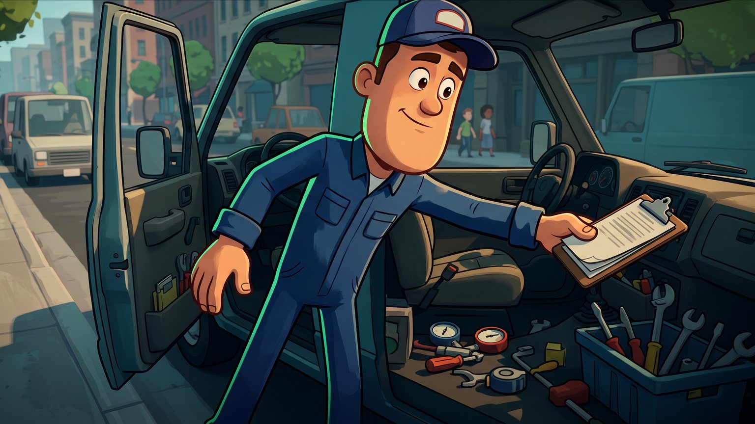 A stylised 3D animated character: An HVAC technician in a work van reaching toward a clipboard on the passenger seat while parked curbside.