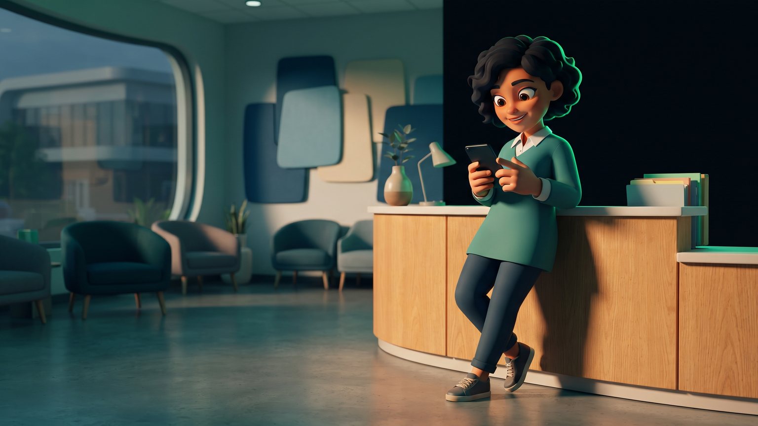 A stylised 3D animated character: a front-desk medical coordinator checking a mobile device at a wooden reception desk