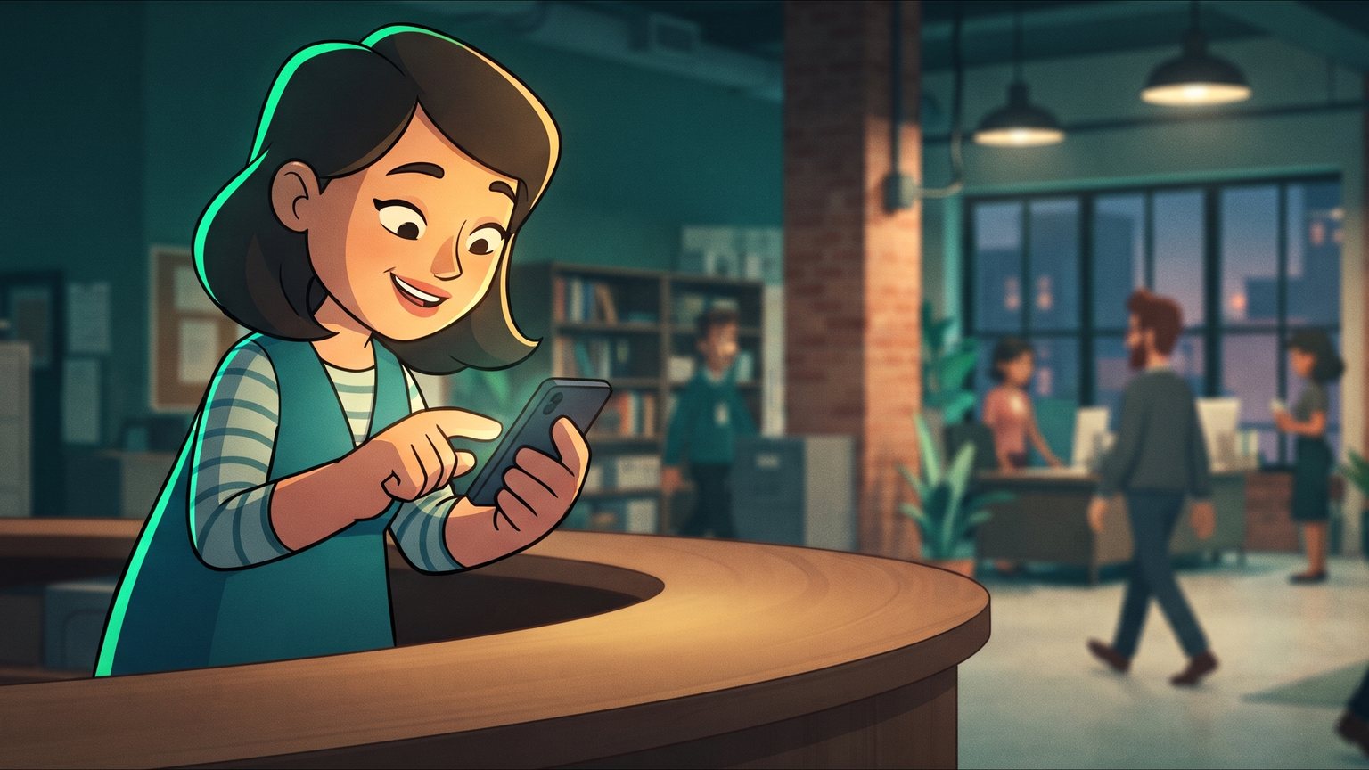 A stylised 3D animated character: an intake coordinator tapping a smartphone screen at a busy service counter