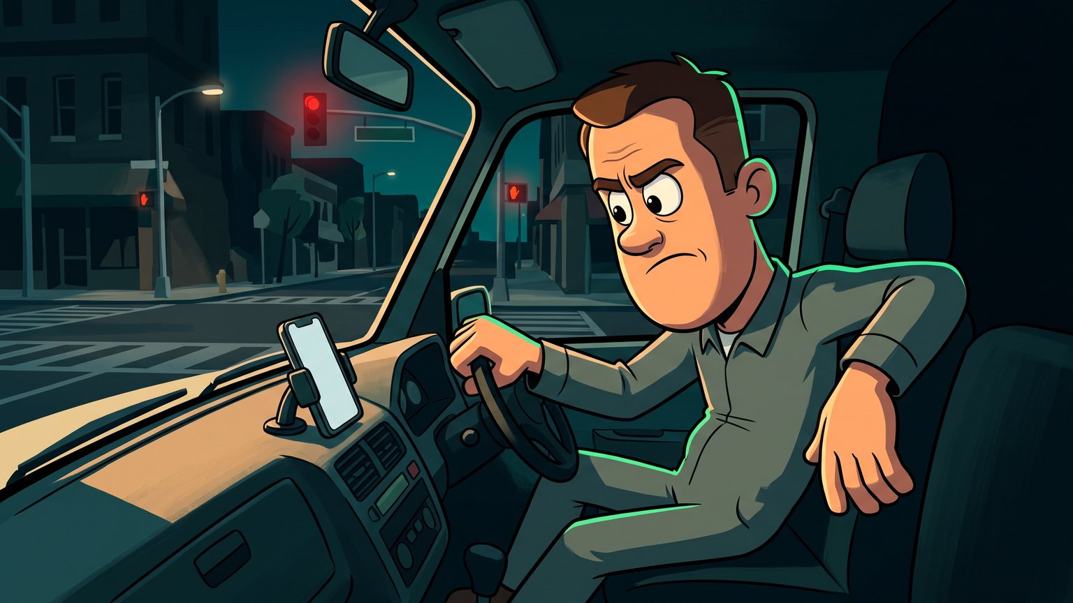 A stylised 3D animated character: A male HVAC technician sitting in the driver seat of a service van, looking down with frustration at a ringing smartphone mounted on the dashboard while stuck at a red light.