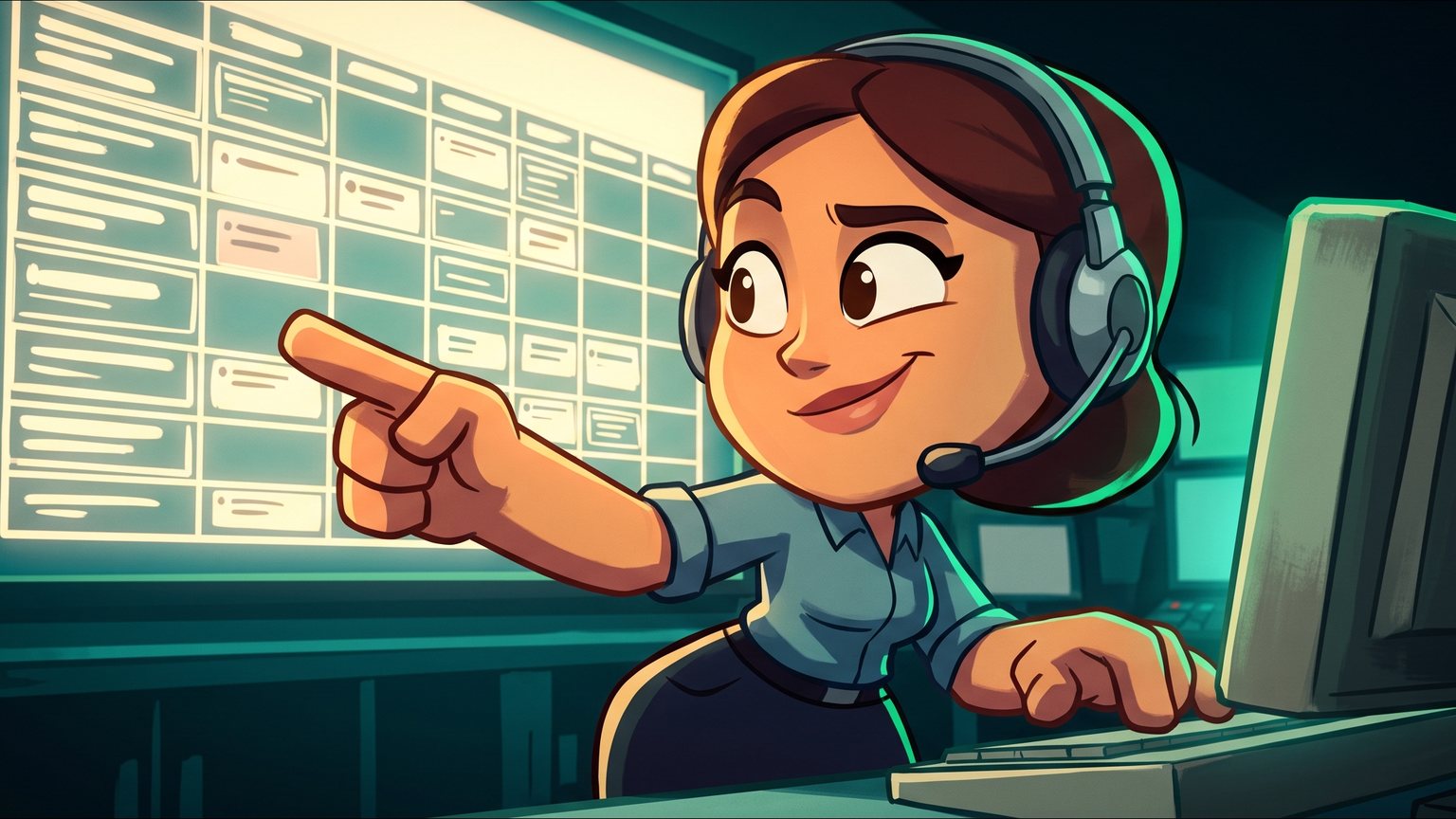A stylised 3D animated character: A female dispatcher in an office headset leaning over a computer terminal, pointing a finger at a glowing schedule board full of open service slots.