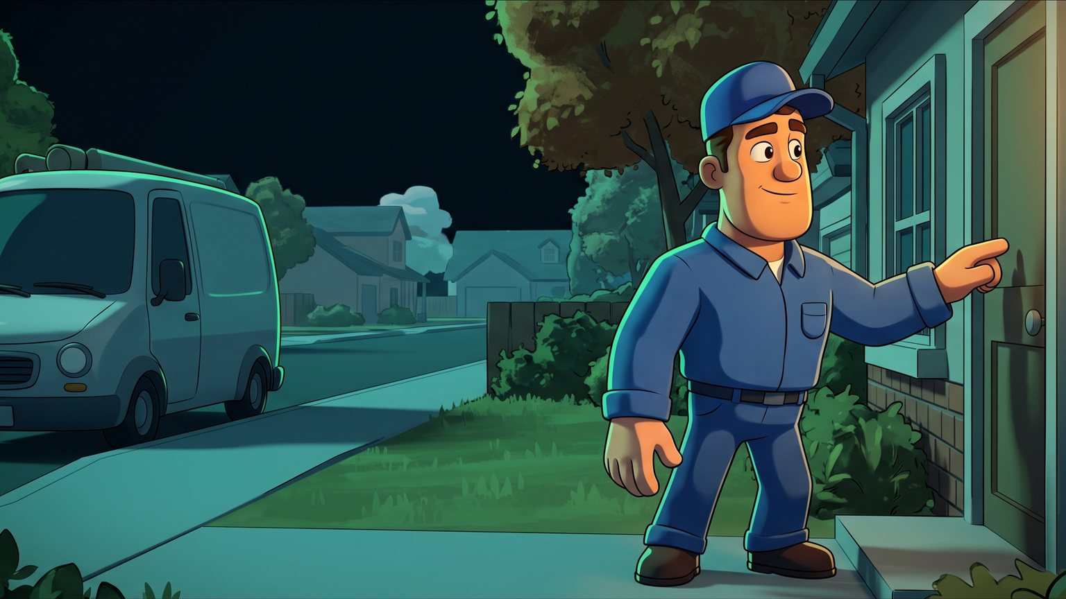 A stylised 3D animated character: A male plumbing contractor in work uniform standing by his service van outside a residential home, tapping the front door while checking an empty driveway.