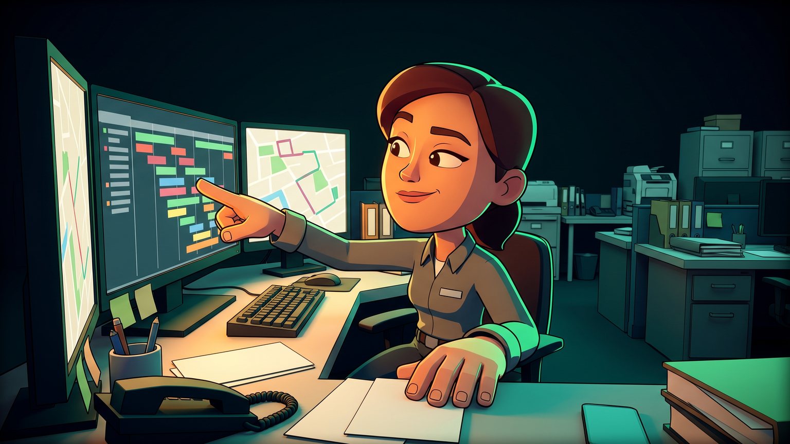 A stylised 3D animated character: A female HVAC dispatcher sitting at a multi-monitor desk, reviewing a route schedule while pointing at a dispatch timeline on screen.