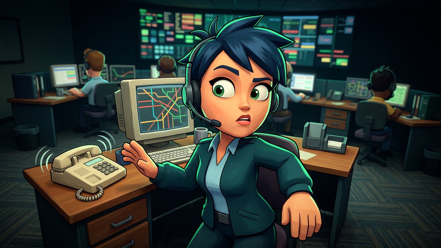 A stylised 3D animated character: A dispatch operator wearing a headset turning away from a ringing office phone.