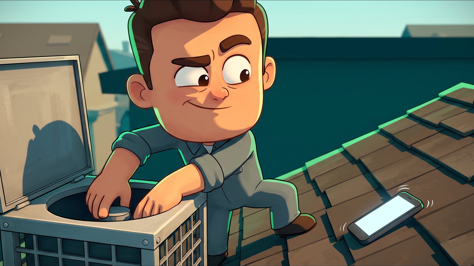 A stylised 3D animated character: an HVAC technician balanced on a sloped roof at midday, both hands deep inside an open condenser unit, glancing sideways at a phone buzzing face-up on the shingles beside him just out of reach.