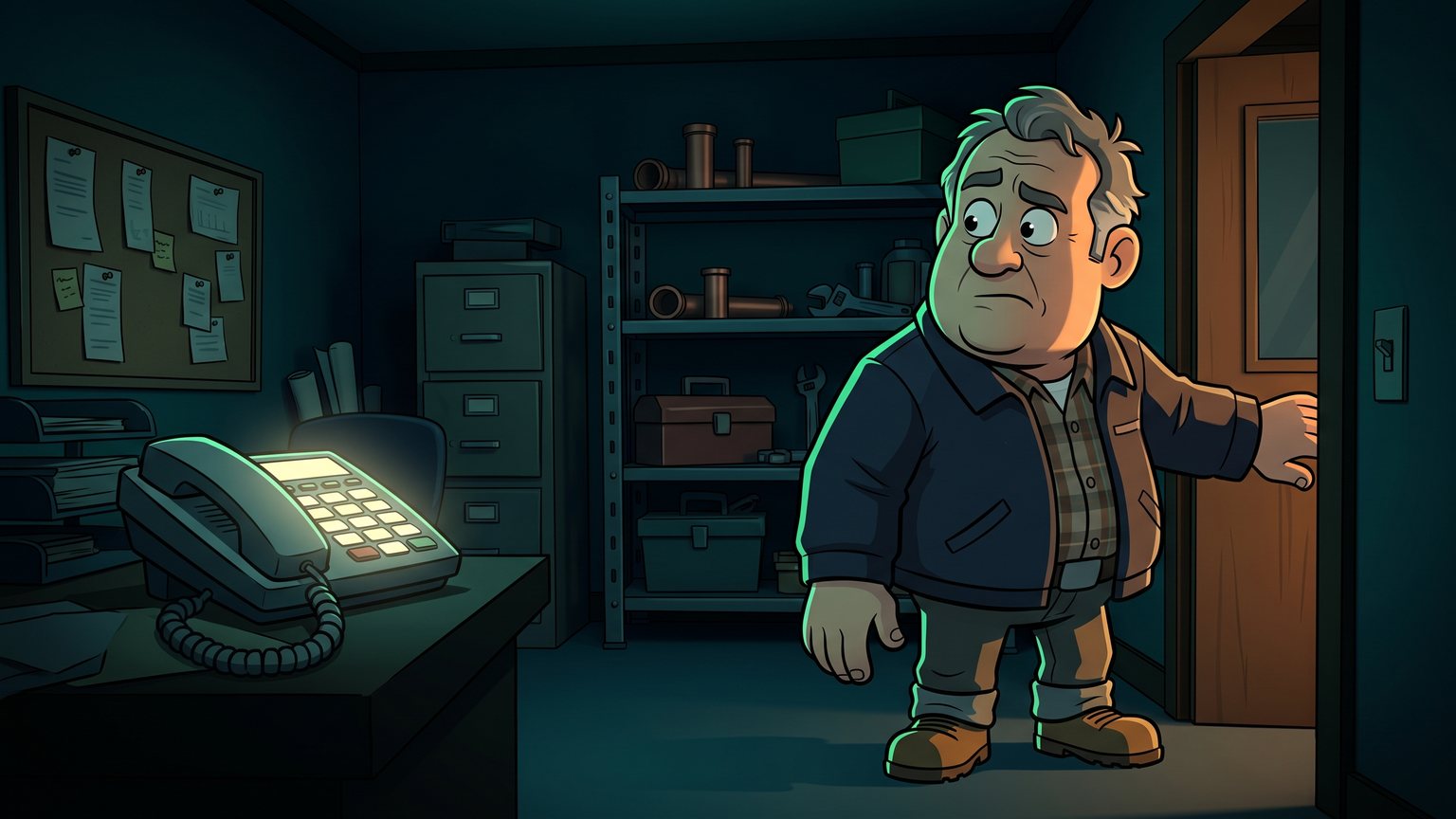 A stylised 3D animated character: a plumbing company owner alone in a dim office at the end of the day, jacket already on, pausing in the doorway to look back at a desk phone lit up mid-ring behind him.