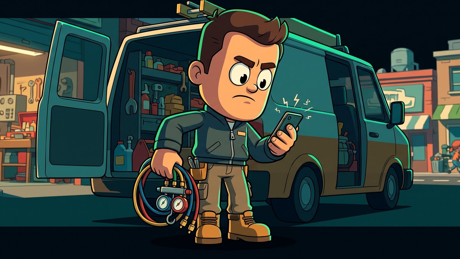 A stylised 3D animated character: An HVAC technician in work boots standing beside an open service van, staring down at a buzzing smartphone screen while holding a manifold gauge set.