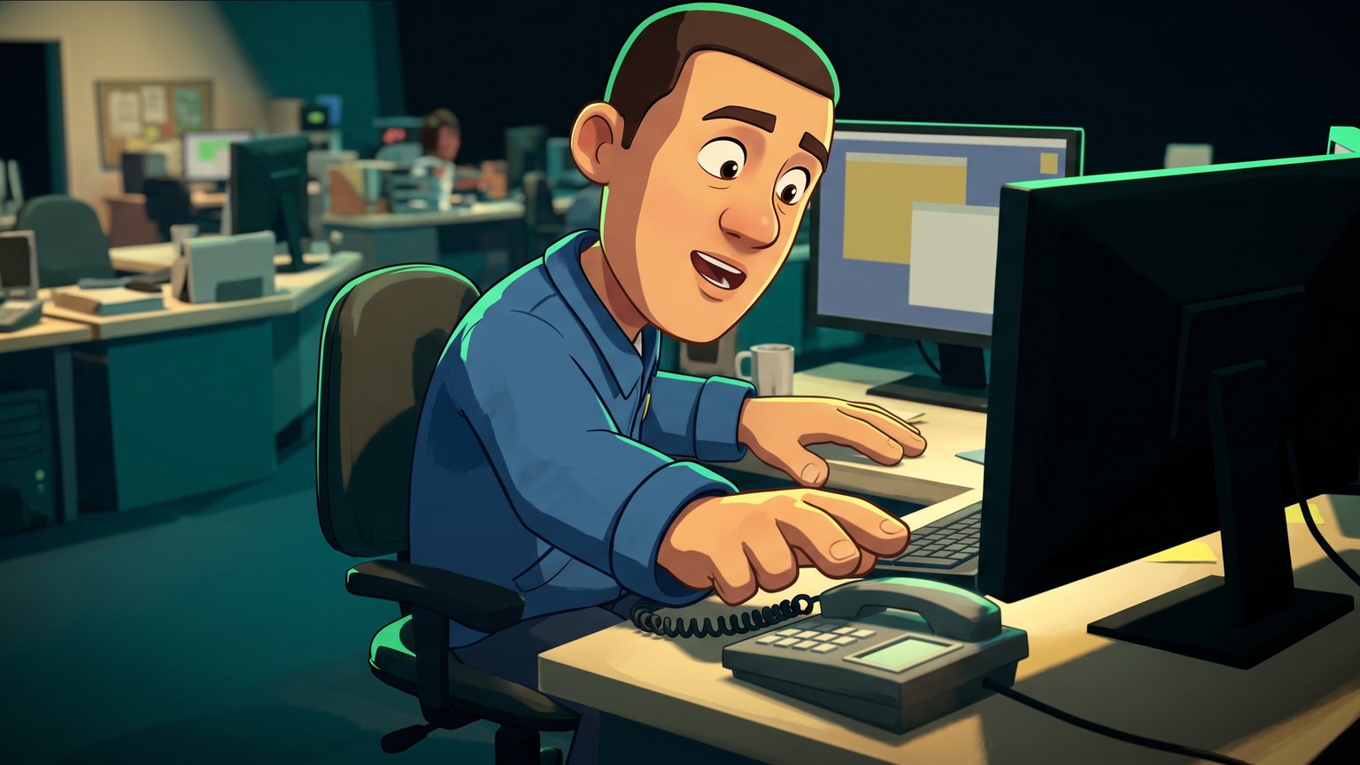 A stylised 3D animated character: A dispatch coordinator sitting at an office desk with two computer screens, pausing with one hand hovering over a ringing desk phone.