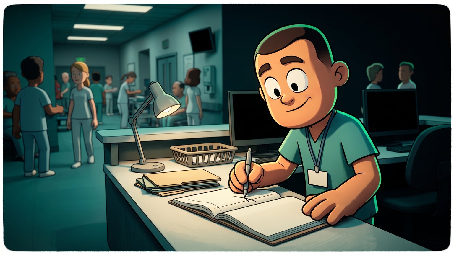 A stylised 3D animated character: A clinical dispatcher stands behind a check-in desk, leaning over an open paper ledger and crossing off an entry with a pen.