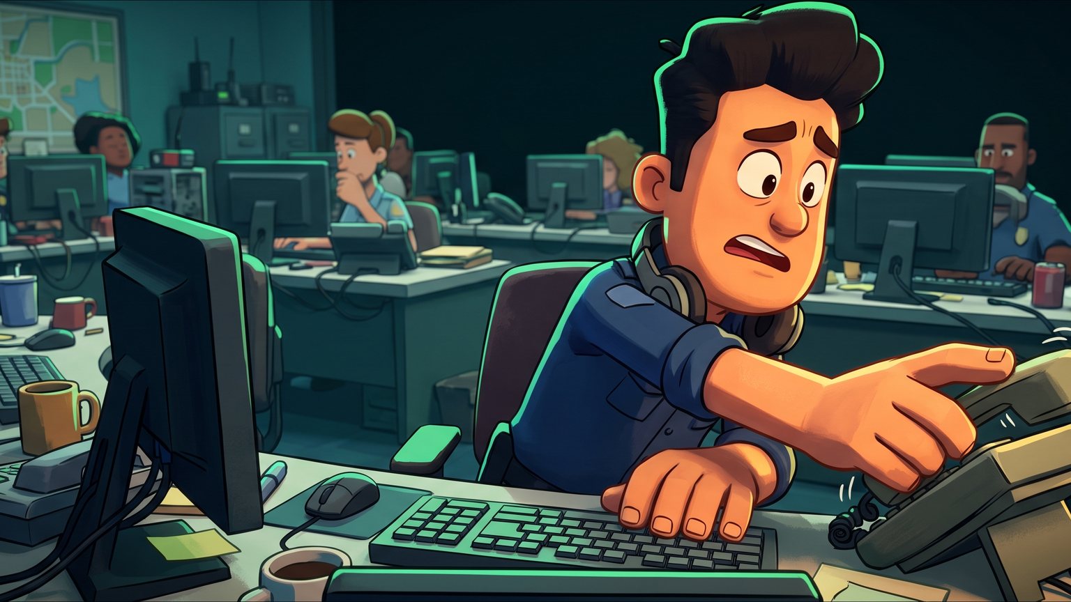 A stylised 3D animated character: a service dispatcher seated at a crowded desk reaching across a keyboard to grab a ringing desk phone.