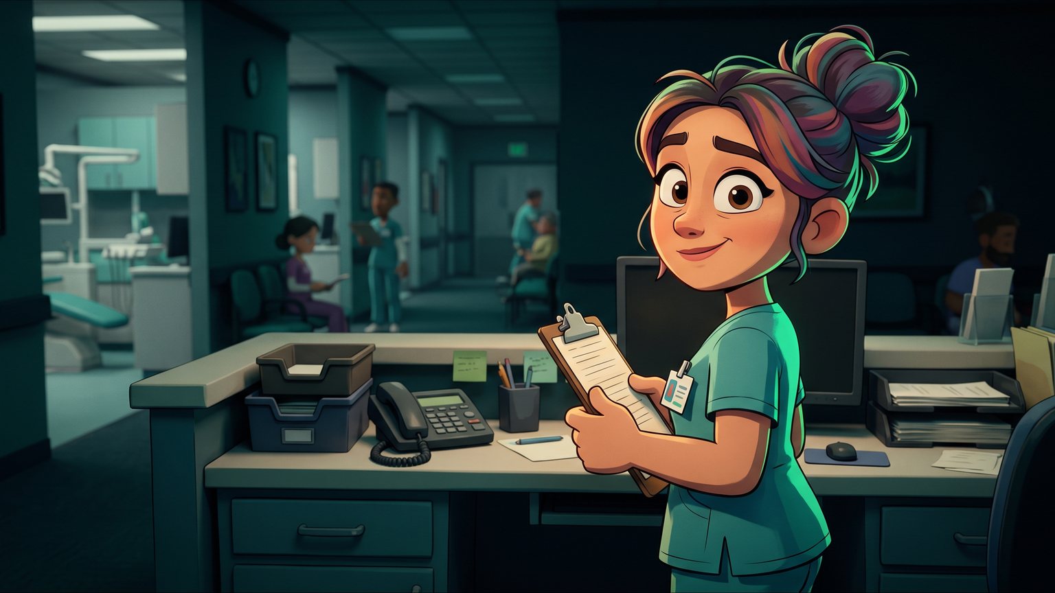 A stylised 3D animated character: A dental front-desk coordinator in scrubs turns away from an office desk while holding a physical clipboard with both hands.