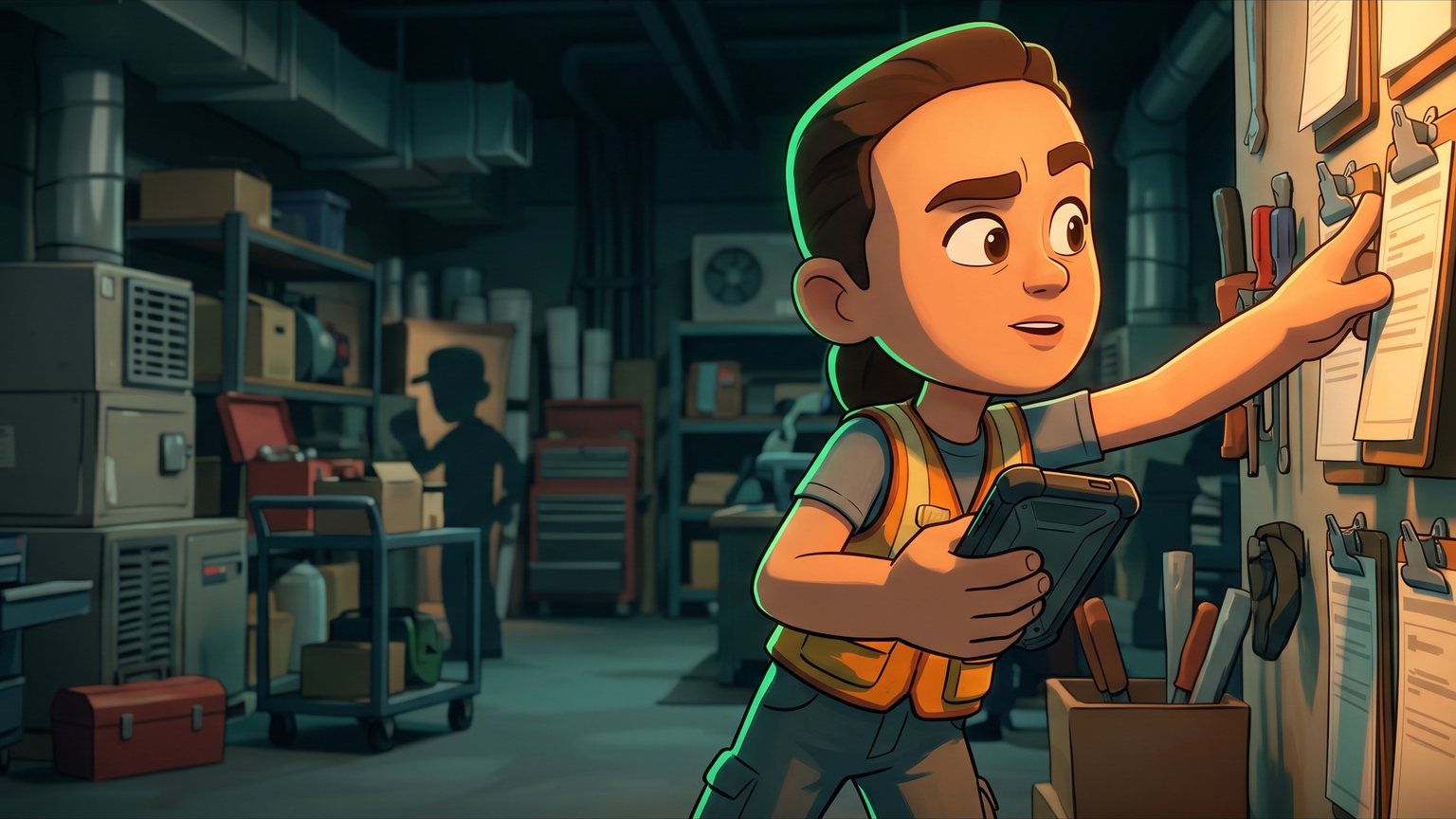 A stylised 3D animated character: An HVAC field service dispatcher reaches toward a wall clipboard inside an equipment depot while checking scheduled stops.