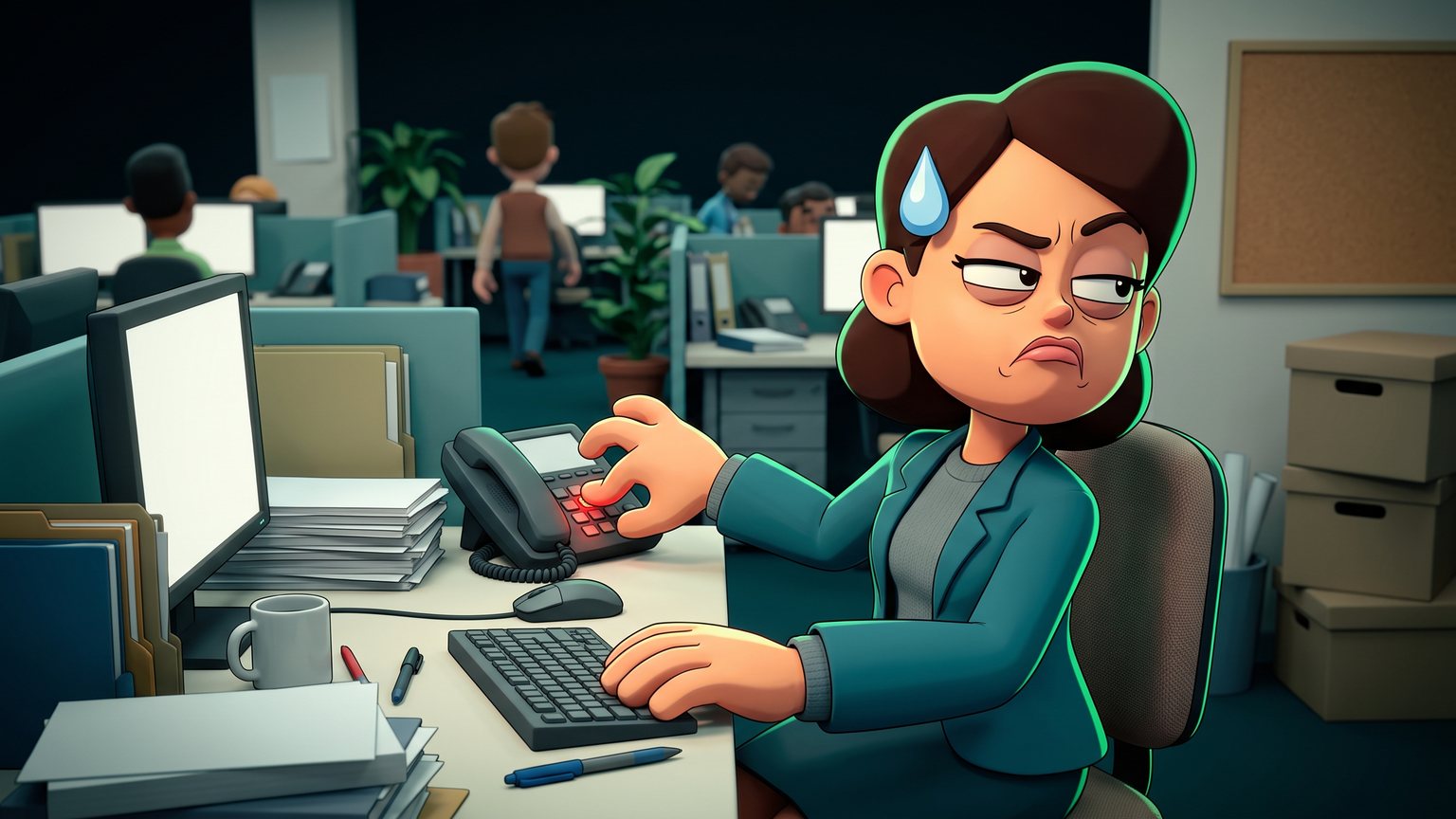 A stylised 3D animated character: an intake receptionist sitting at an office workstation pushing an illuminated desk phone button away in frustration.
