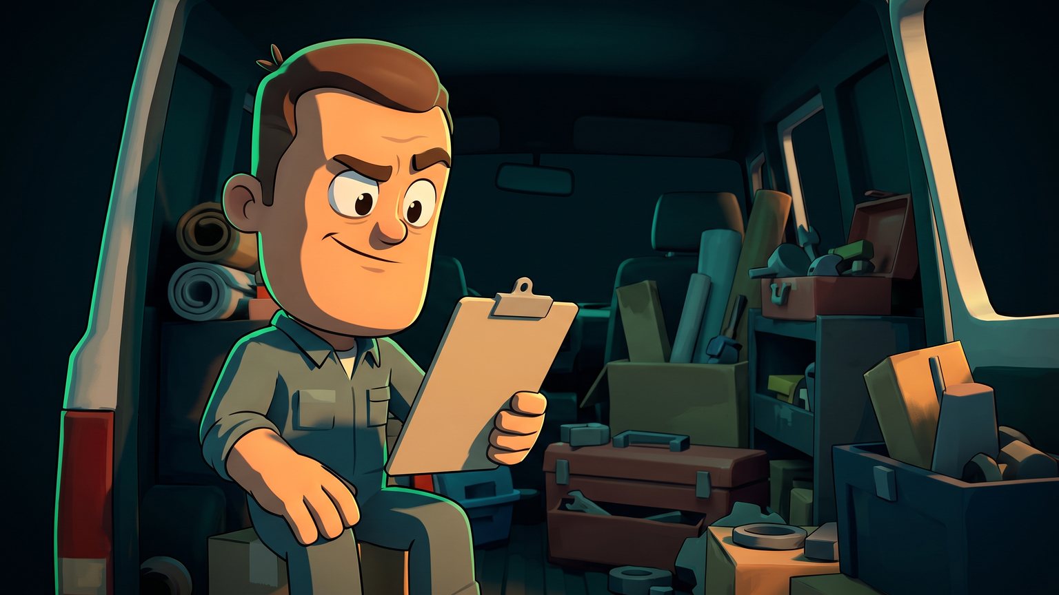 A stylised 3D animated character: an HVAC contractor sitting in a service van inspecting a blank appointment clipboard.