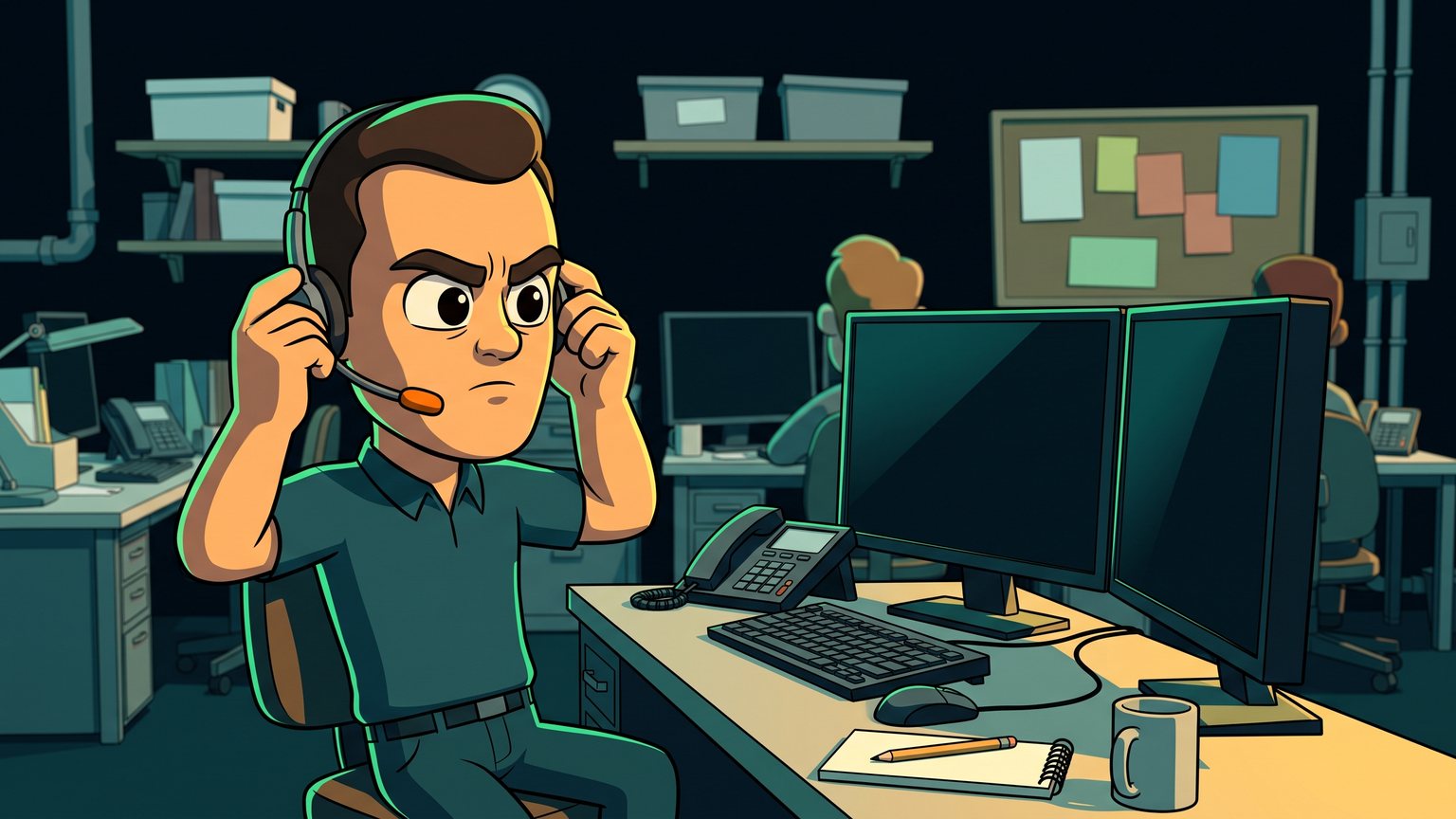 A stylised 3D animated character: an HVAC dispatcher in a uniform polo sitting at an office desk, adjusting a phone headset while staring intently at two large computer monitors.