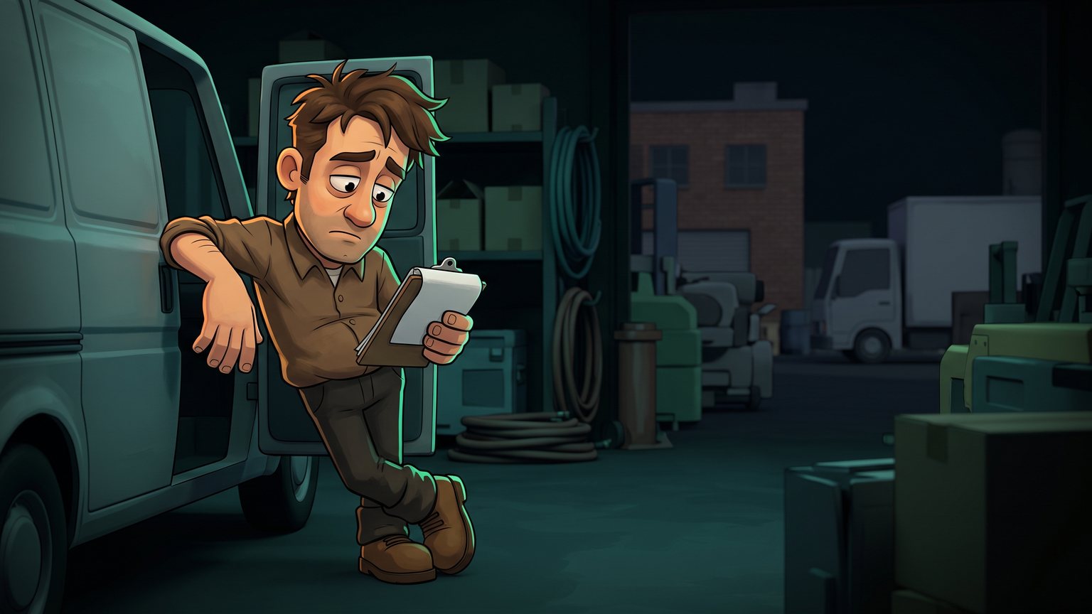 A stylised 3D animated character: an exhausted trade business owner in work boots leaning against an open service van door, checking payroll paperwork on a clipboard.