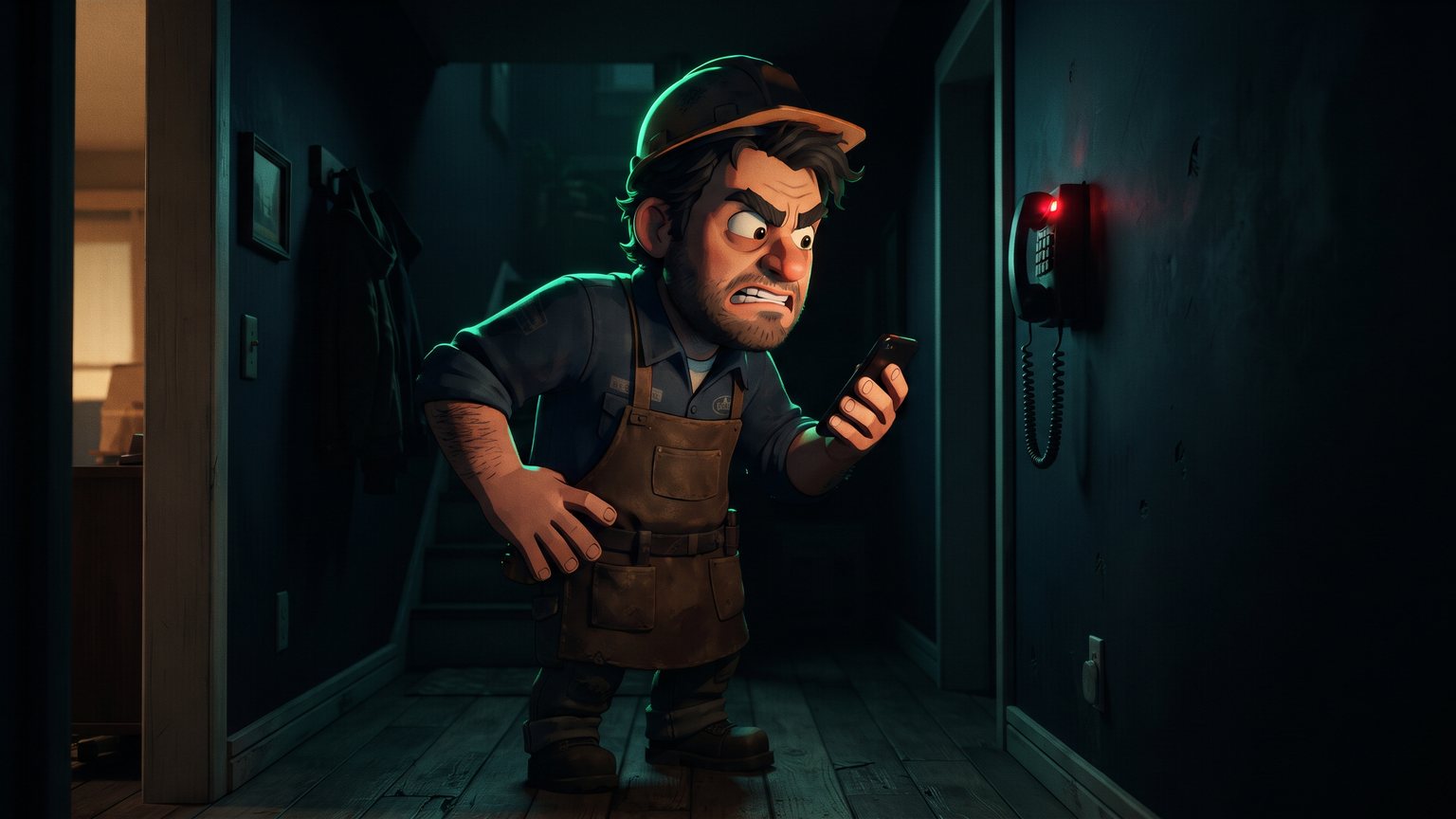 A stylised 3D animated character: a stressed contractor standing in a residential hallway staring down at a ringing phone in a dark room.