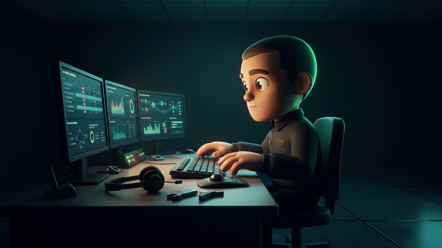A stylised 3D animated character: a dispatcher sitting at a tidy desk checking a computer terminal displaying live service schedules.