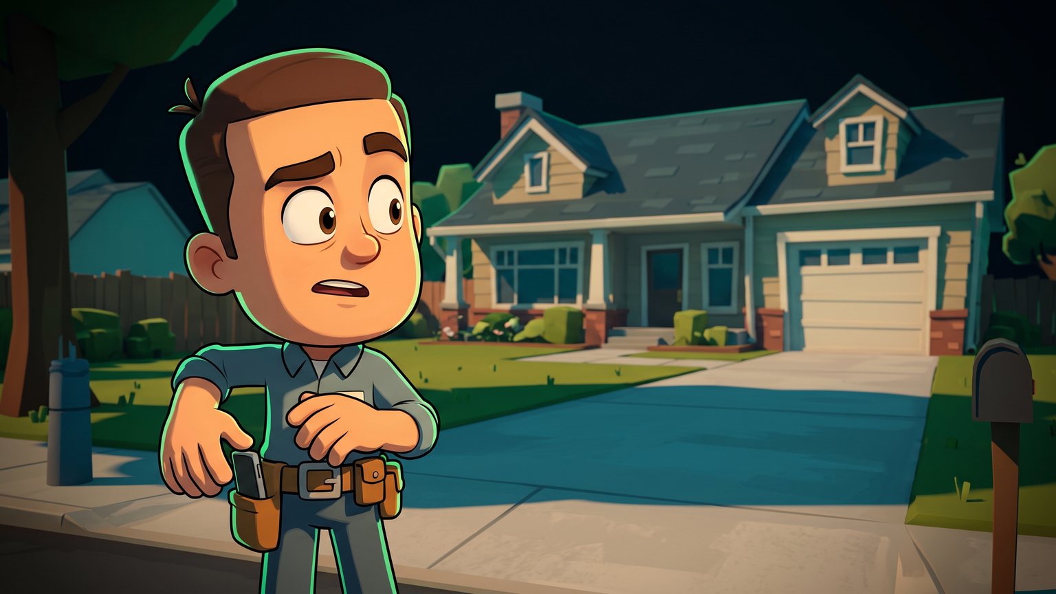 A stylised 3D animated character: A plumbing contractor in work uniform standing by a service van on a driveway, turning away from his pocket as a phone rings.