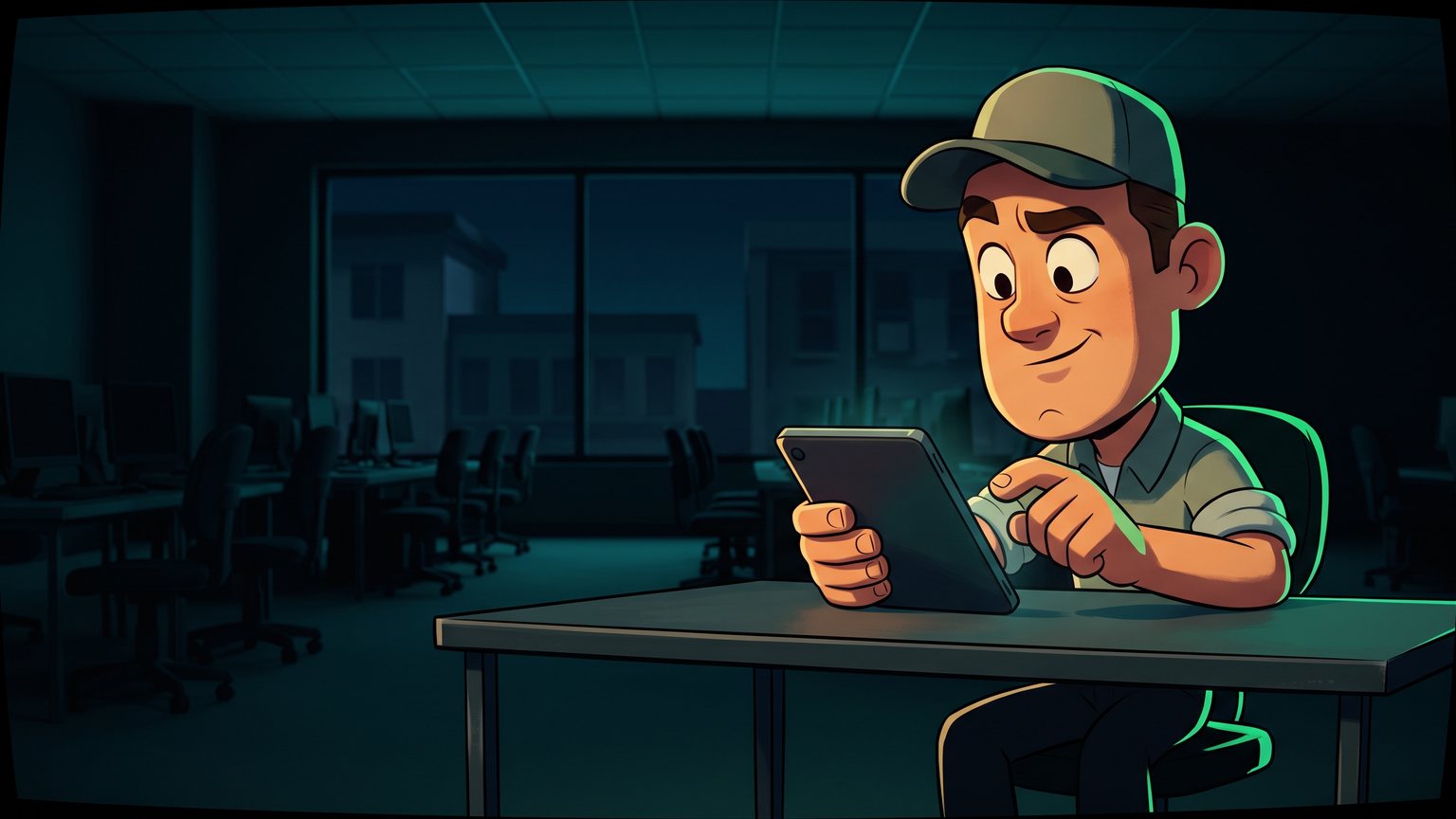 A stylised 3D animated character: A service dispatcher sitting at an empty desk on a weekend, reviewing work orders on a tablet.