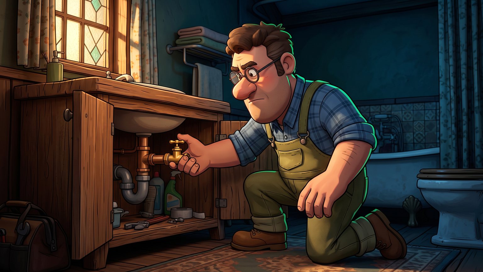 A stylised 3D animated character: a male plumber in work uniform kneeling beside an open residential vanity unit while reaching down to shut off a brass gate valve.