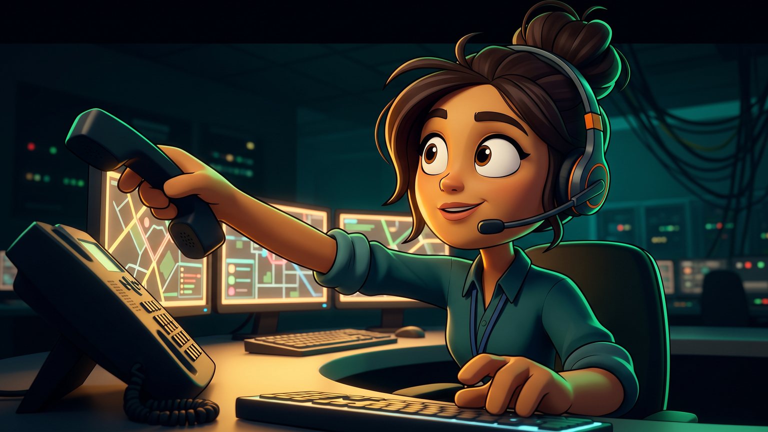 A stylised 3D animated character: a female service dispatcher wearing a headset seated in front of three monitors with visible route maps, looking up and reaching for an office phone.