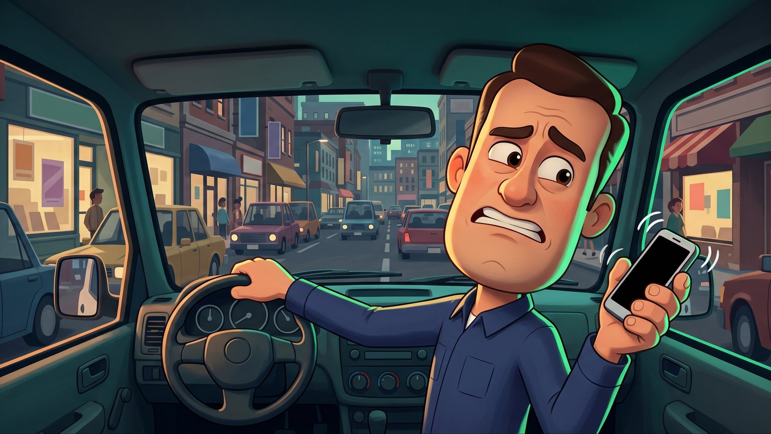 A stylised 3D animated character: a stressed US HVAC technician in a work shirt, driving a van while holding a buzzing smartphone away from his ear.